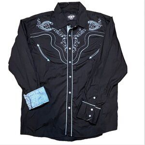 El General Pearl Snap Shirt Mens XL Black Horse Embroidered Western Rockabilly